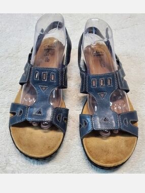 Clarks Blue Leather Tan Strappy‎ Classic Casual Boho Open Toe Sandals Women 10